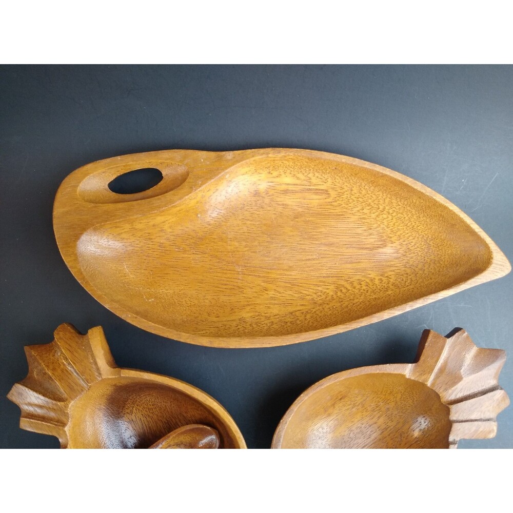 Vintage Wood Bowl Set Pod and Pineapple Shape w Spoon Phillipines MCM Alii Woods - Picture 3 of 12